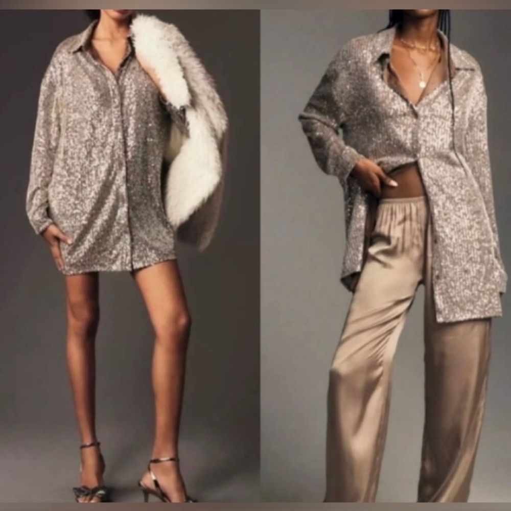 Anthropologie Flat White Sequin Tunic Mini Dress
